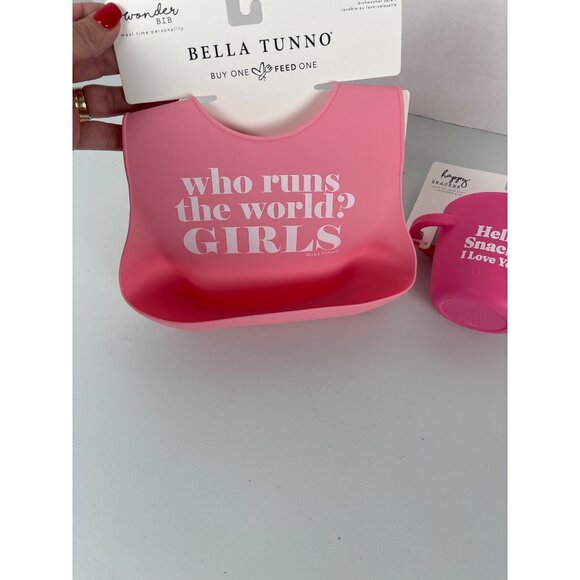 Bella Tunno Pink Wonder Who Runs The World Girls Bib & Happy Snacker Set NWT - Picture 4 of 7